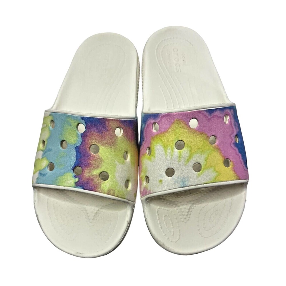 Crocs Iconic Comfort Slides Women's Sz 8 White Pastel Tie Dye Pink Yellow Blue - Picture 1 of 7